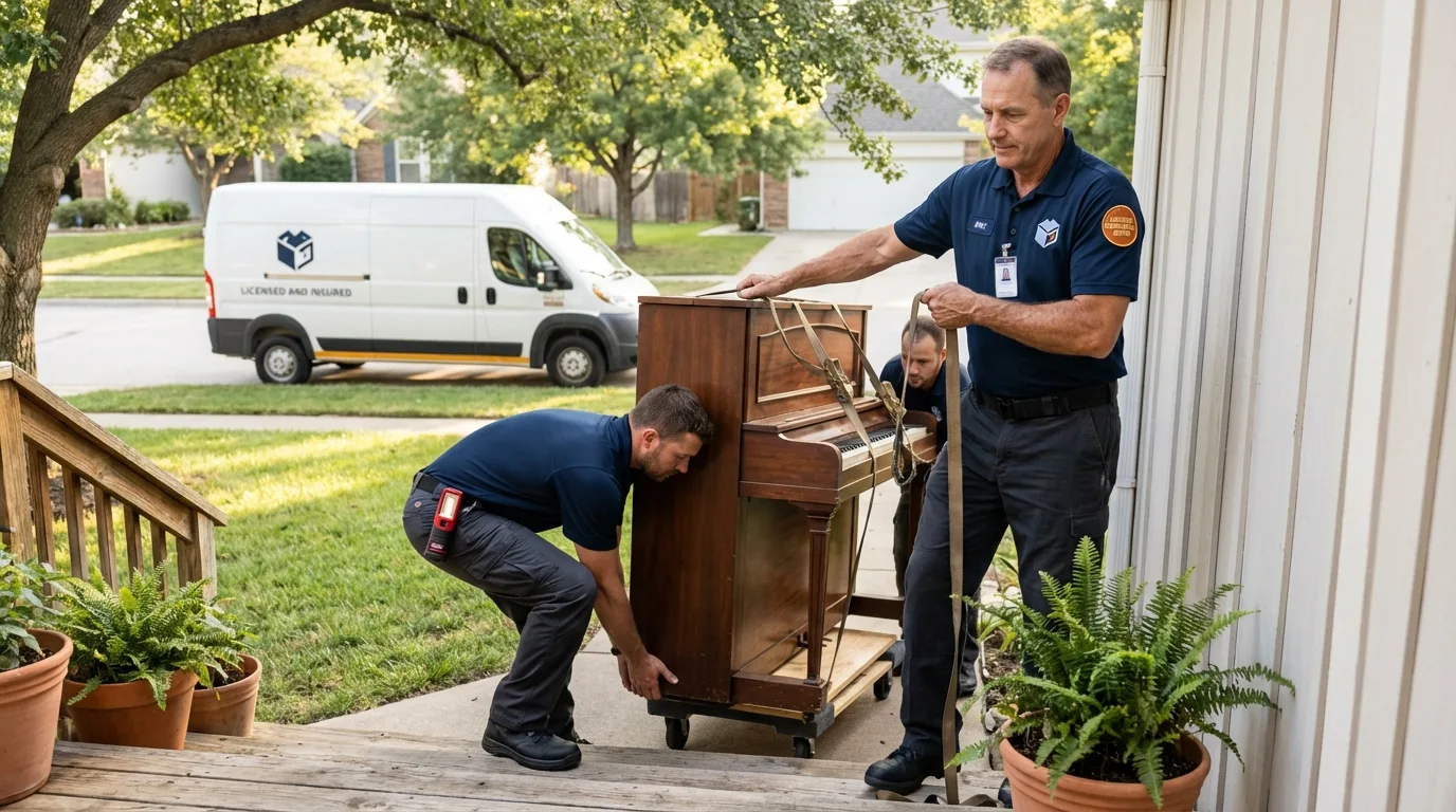 Licensed piano movers securing grand piano in Lakewood, IL