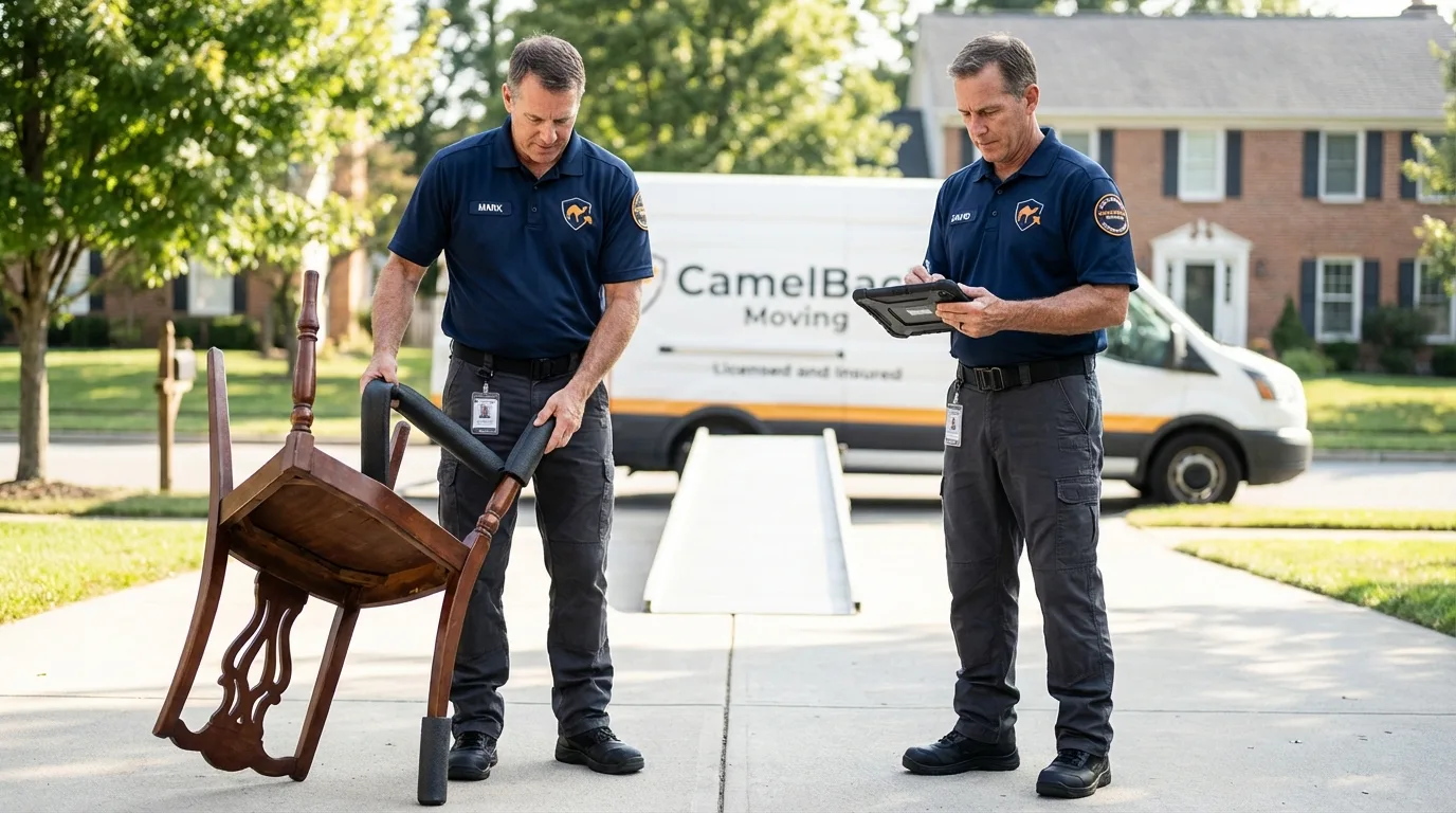 Movers inspecting furniture for damage prevention before loading in Lakewood, IL