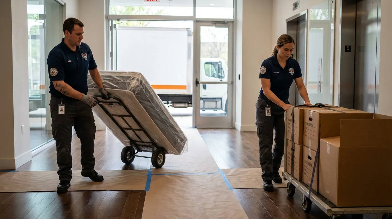 Professional apartment movers loading elevator in Lakewood, IL