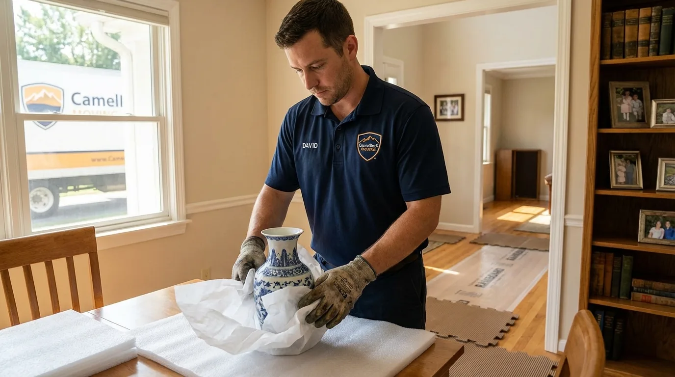 Professional crew carefully wrapping antique vase for senior downsizing move in Lakewood, IL